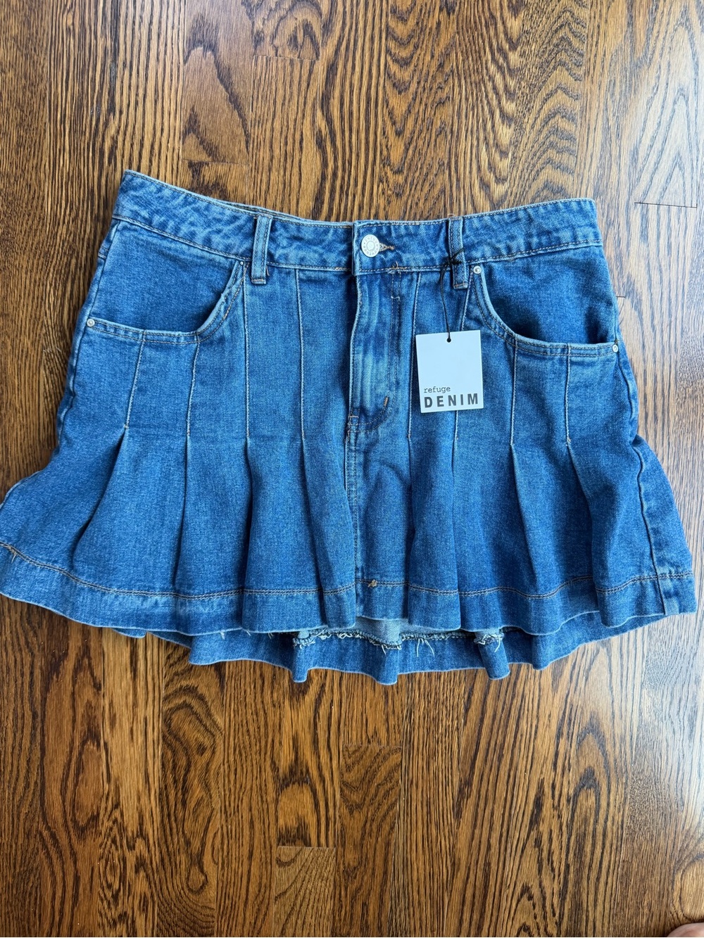 Refuge Women's Blue Denim Bikercore Moto Y2K Pleated Mini Skirt